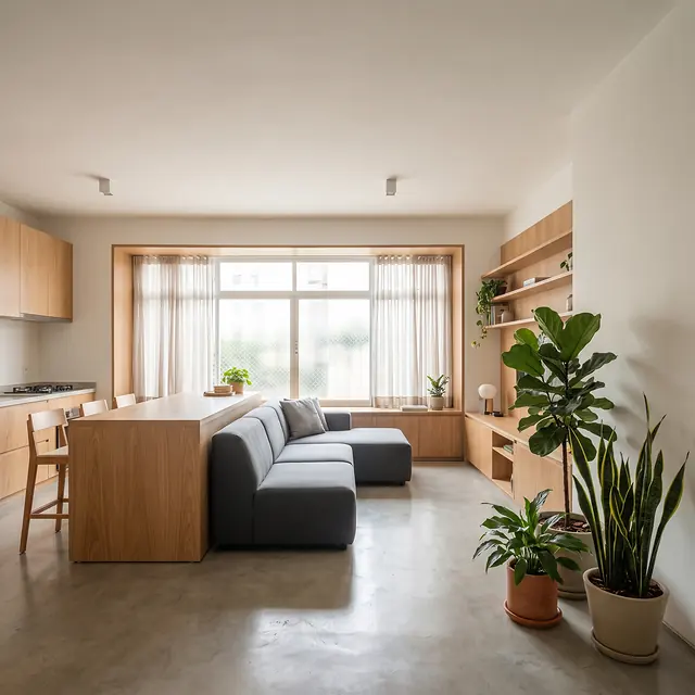 Sala de estar com cozinha integrada, sofá cinza e marcenaria em madeira clara em apartamento reformado