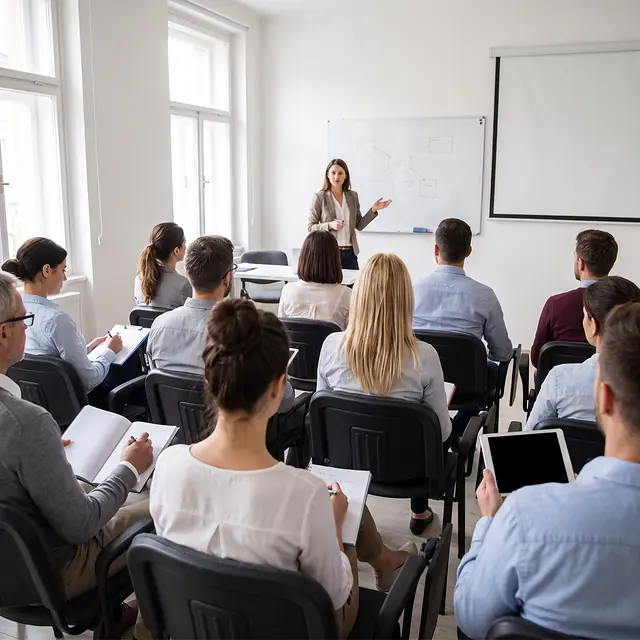 Professora apresenta conteúdo no quadro branco para uma turma de alunos adultos em sala de aula clara