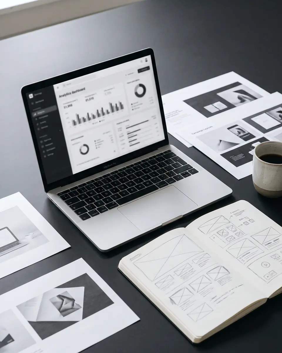 Mesa de trabalho com notebook exibindo painel de métricas, layouts de campanha impressos e caderno de wireframes